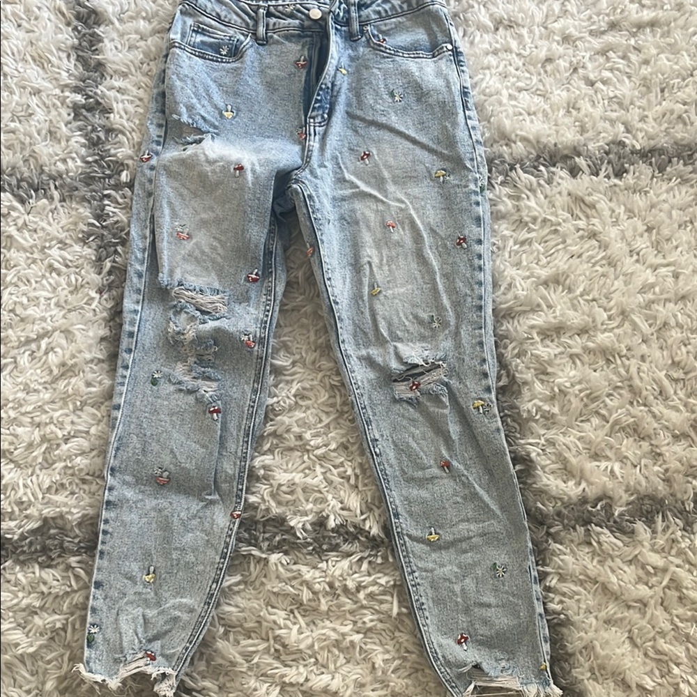 Embroidered Distressed Denim Jeans